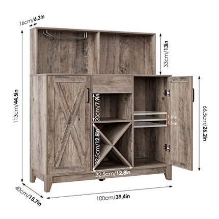 HOSTACK Wine Bar Cabinet for Liquor and Glasses, Barn Doors Wine Cabinet with Adjustable Storage Shelves, Wooden Sideboard Buffet Storage Cabinet for Kitchen, Dining Room, Farmhouse Ash Grey