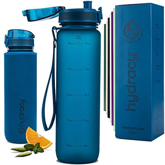 Hydracy Water Bottle with Time Marker -Large 32oz BPA Free Water Bottle & No Sweat Sleeve -Leak Proof Gym Bottle with Fruit Infuser Strainer & Times to Drink -Ideal Gift for Fitness Sports & Outdoors
