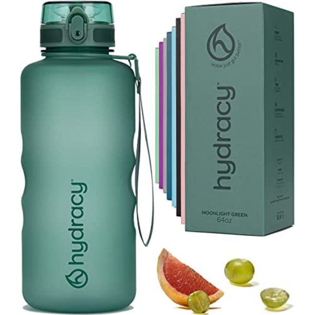 Hydracy Water Bottle with Time Marker -Large Half Gallon 64oz BPA Free Bottle & No Sweat Sleeve -Leak Proof Gym Bottle with Fruit Infuser Strainer & Times to Drink -Ideal Gift for Sports & Outdoors
