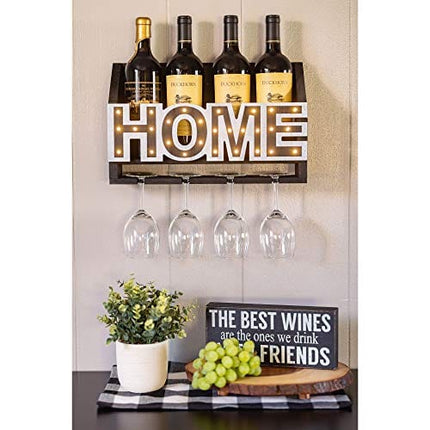 ienjoyware Wooden Wall Mounted Home LED Wine Rack and Glass Holder – Wall Décor for Home Interior – Wine Racks Display with LED – 4-Bottle and 4-Glass Holder