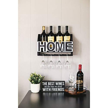 ienjoyware Wooden Wall Mounted Home LED Wine Rack and Glass Holder – Wall Décor for Home Interior – Wine Racks Display with LED – 4-Bottle and 4-Glass Holder