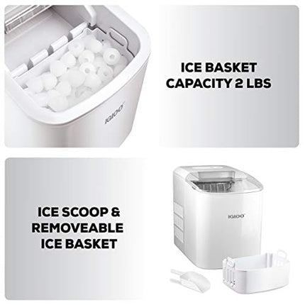 Igloo ICEB26WH Automatic Portable Electric Countertop Ice Maker Machine, 26 Pounds in 24 Hours, 9 Cubes Ready in 7 minutes, With Scoop and Basket, Perfect for Water Bottles, Mixed Drinks, Parties, WHT