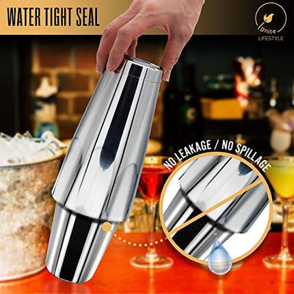 Ignite Lifestyle Boston Cocktail Shaker - Professional Grade Unweighted 18oz & Weighted 28oz Boston Shaker Set + Recipes Book - Martini Shaker - Easy to Clean Bartender Kit - Drink Shaker/Drink Mixer