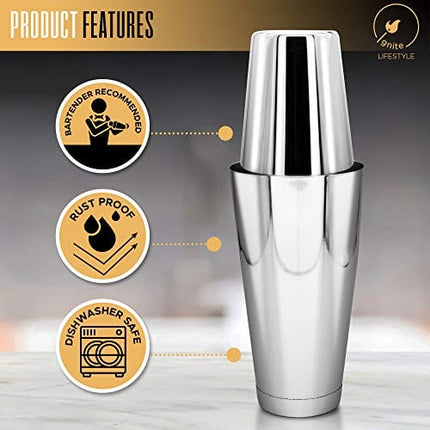 Ignite Lifestyle Boston Cocktail Shaker - Professional Grade Unweighted 18oz & Weighted 28oz Boston Shaker Set + Recipes Book - Martini Shaker - Easy to Clean Bartender Kit - Drink Shaker/Drink Mixer