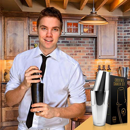 Ignite Lifestyle Boston Cocktail Shaker - Professional Grade Unweighted 18oz & Weighted 28oz Boston Shaker Set + Recipes Book - Martini Shaker - Easy to Clean Bartender Kit - Drink Shaker/Drink Mixer