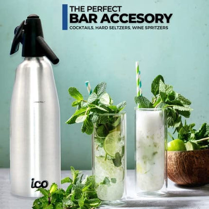 ICO Soda Siphon, Sparkling Water Maker, Soda Maker, Carbonated Water Machine for Fresh Soda Water, Cocktails, Hard Seltzers, Uses 8g C02 cartridges (Not Included), 1L/1 Pint