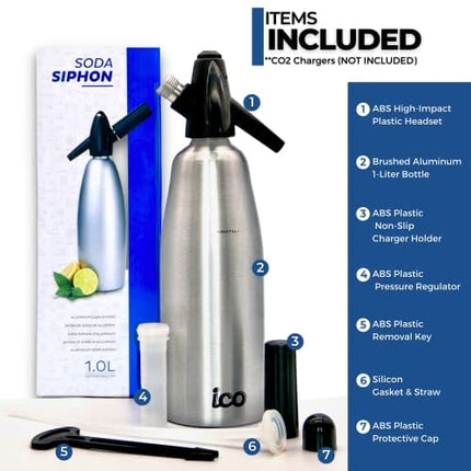 ICO Soda Siphon, Sparkling Water Maker, Soda Maker, Carbonated Water Machine for Fresh Soda Water, Cocktails, Hard Seltzers, Uses 8g C02 cartridges (Not Included), 1L/1 Pint