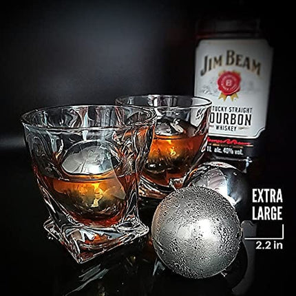 Whiskey Stones Stainless Steel Ice Cube - Giant Whiskey Balls Drink Chiller - Whisky Stone Set of 2 Chilling Stones - Whiskey Ball - Cool Bourbon Gifts for Men