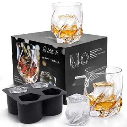 Vride Crystal Whiskey Glasses/ Set of 2 /Matching Engraved Silicone Ice Ball Mold Tray/ 9oz Heavy Tumbler Whisky Hand Blown Glass/ Scotch Bourbon Manhattan Old Fashion Cocktail/ Gift Set Men