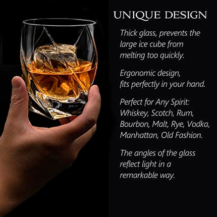 Vride Crystal Whiskey Glasses/ Set of 2 /Matching Engraved Silicone Ice Ball Mold Tray/ 9oz Heavy Tumbler Whisky Hand Blown Glass/ Scotch Bourbon Manhattan Old Fashion Cocktail/ Gift Set Men