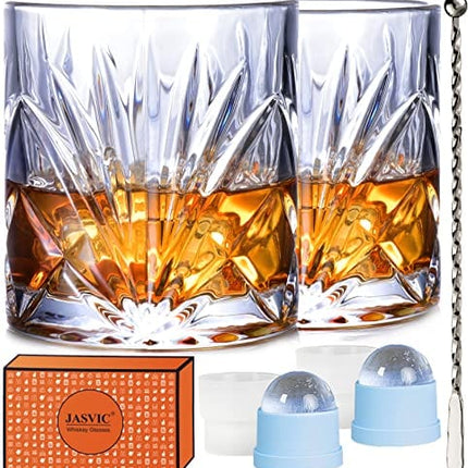 JASVIC Whiskey Glasses Set with Gift Box, 10 Oz Crystal Rocks Glasses, 2 Old Fashioned Glass Tumbler with 2 Ice Molds and 1 Swizzle Spoon for Whiskey Cocktail Bourbon Liquor Scotch