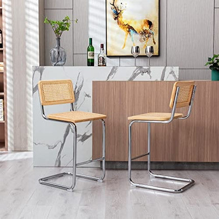 JIRAIN 24.3" Rattan Counter Stools Set of 2, Counter Height Bar Stools, Mid Century Modern Bar Stool with Cane Backrest & Seat, Armless Bar Chairs with Metal Legs for Kitchen Counter