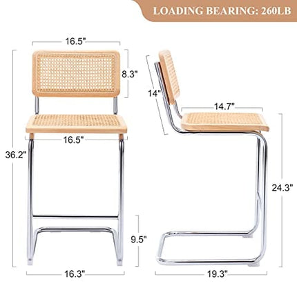 JIRAIN 24.3" Rattan Counter Stools Set of 2, Counter Height Bar Stools, Mid Century Modern Bar Stool with Cane Backrest & Seat, Armless Bar Chairs with Metal Legs for Kitchen Counter