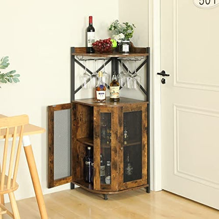 JKsmart Corner Bar Cabinet with Glass Holder,Industrial Wine Cabinet with Mesh Door,Wine Bar Cabinet with Adjustable Shelf,Home Bar for Liquor and Wine Storage,Rustic Brown