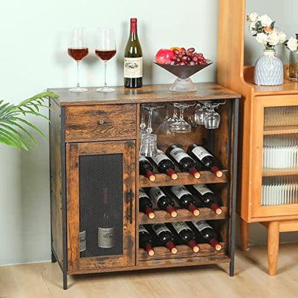 JKsmart Wine Bar Cabinet with 3-Tier Detachable Wine Rack and 1 Drawer, Industrial Sideboard and Buffet Cabinet with Glass Holder, Coffee Bar Cabinet with mesh Door for Home & Kitchen, Rustic Brown