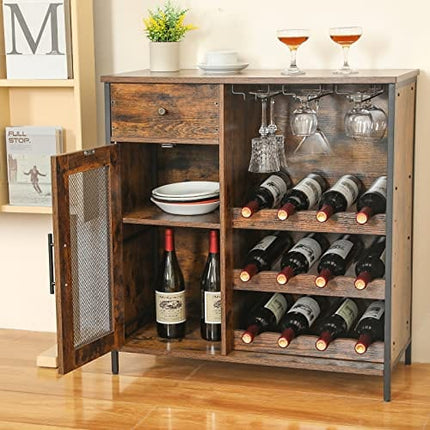 JKsmart Wine Bar Cabinet with 3-Tier Detachable Wine Rack and 1 Drawer, Industrial Sideboard and Buffet Cabinet with Glass Holder, Coffee Bar Cabinet with mesh Door for Home & Kitchen, Rustic Brown