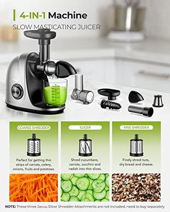 Jocuu Slow Masticating Juicer with Soft/Hard Modes Easy to Clean Quiet Motor & Reverse Function, Cold Press Juicer for Fruit & Vegetable, 90% Juice Yield, with Brush & Recipes (Grey)