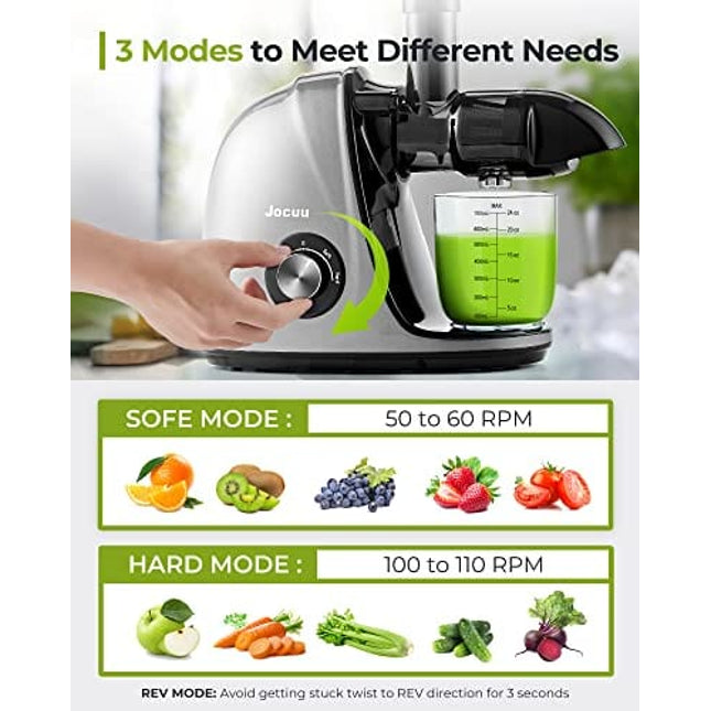 Jocuu Slow Masticating Juicer with Soft/Hard Modes Easy to Clean Quiet Motor & Reverse Function, Cold Press Juicer for Fruit & Vegetable, 90% Juice Yield, with Brush & Recipes (Grey)