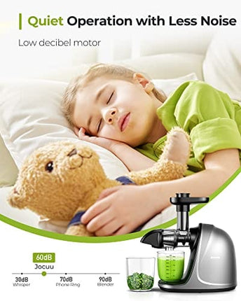 Jocuu Slow Masticating Juicer with Soft/Hard Modes Easy to Clean Quiet Motor & Reverse Function, Cold Press Juicer for Fruit & Vegetable, 90% Juice Yield, with Brush & Recipes (Grey)