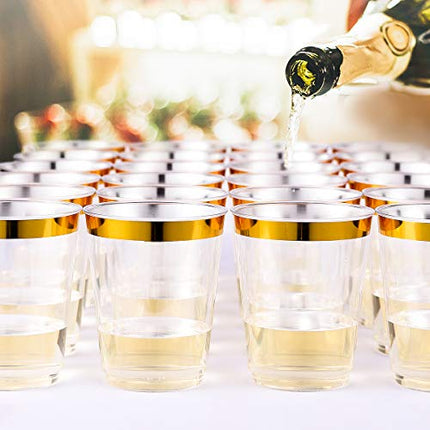 JOLLY CHEF 100 Pack 10 oz Gold Plastic Cups, Clear Plastic Cups Tumblers, Elegant Gold Rimmed Plastic Cups, Disposable Cups with Gold Rim Perfect for Weddings, Thanksgiving Day, Christmas