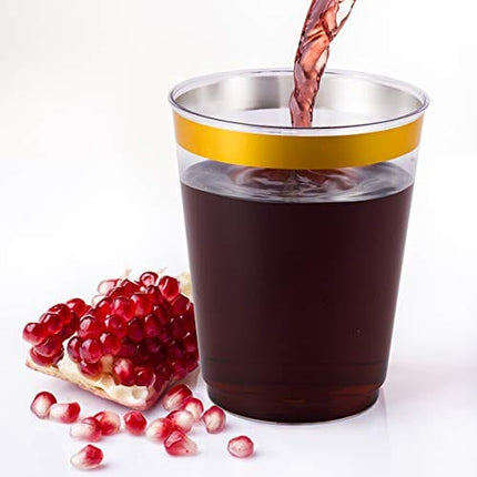 JOLLY CHEF 100 Pack 10 oz Gold Plastic Cups, Clear Plastic Cups Tumblers, Elegant Gold Rimmed Plastic Cups, Disposable Cups with Gold Rim Perfect for Weddings, Thanksgiving Day, Christmas