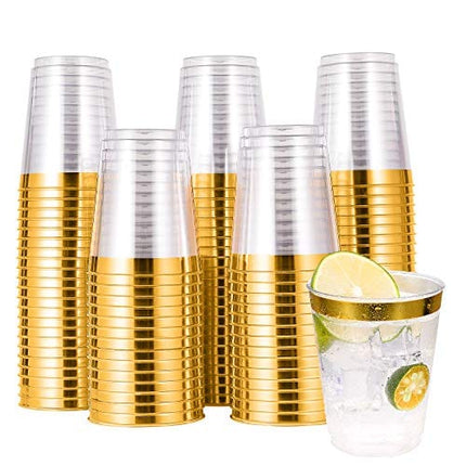 JOLLY CHEF 100 Pack 10 oz Gold Plastic Cups, Clear Plastic Cups Tumblers, Elegant Gold Rimmed Plastic Cups, Disposable Cups with Gold Rim Perfect for Weddings, Thanksgiving Day, Christmas