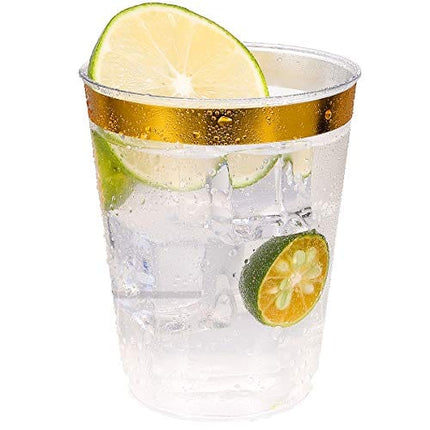 JOLLY CHEF 100 Pack 10 oz Gold Plastic Cups, Clear Plastic Cups Tumblers, Elegant Gold Rimmed Plastic Cups, Disposable Cups with Gold Rim Perfect for Weddings, Thanksgiving Day, Christmas
