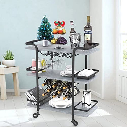 Jubao 3-Tier Bar Cart for The Home, Mobile Serving Bar Cart with Glass Holders and 8 Wine Racks Storage, Wine Trolley Kitchen Island Cart on Wheels, Modern Coffee Bar Cart for Kitchen Outdoor