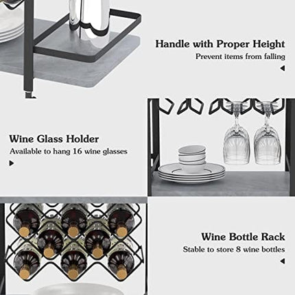 Jubao 3-Tier Bar Cart for The Home, Mobile Serving Bar Cart with Glass Holders and 8 Wine Racks Storage, Wine Trolley Kitchen Island Cart on Wheels, Modern Coffee Bar Cart for Kitchen Outdoor