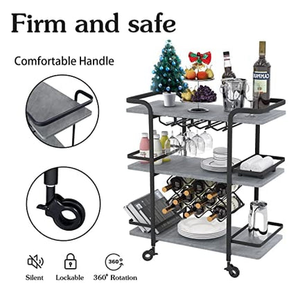 Jubao 3-Tier Bar Cart for The Home, Mobile Serving Bar Cart with Glass Holders and 8 Wine Racks Storage, Wine Trolley Kitchen Island Cart on Wheels, Modern Coffee Bar Cart for Kitchen Outdoor