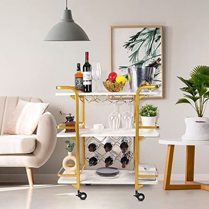 Jubao Gold Bar Cart, 3-Tier Bar Cart Gold, Home Bar Serving Cart with Glass Holders and 8 Wine Racks, Modern Marbled Solid Wood Cart on Wheels, Elegant Coffee Bar Cart for Kitchen Party Outdoor