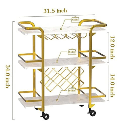 Jubao Gold Bar Cart, 3-Tier Bar Cart Gold, Home Bar Serving Cart with Glass Holders and 8 Wine Racks, Modern Marbled Solid Wood Cart on Wheels, Elegant Coffee Bar Cart for Kitchen Party Outdoor