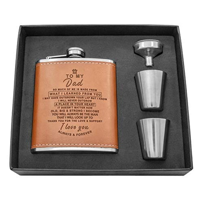 Personalized Flask Set - Engraved Custom Hip Flasks For Dad - Stainless Steel with Leather Flask For Men, Father Day's Valentine's Christmas Gift (Brown-For Dad)