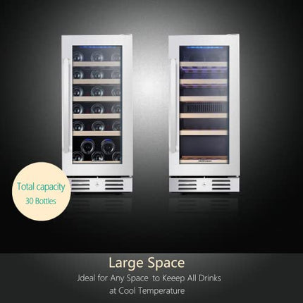 Kalamera 15" Wine Cooler Refrigerator, Mini Fridge, 30 Bottle Built-in/Freestanding Wine Fridge, Seamless Stainless Steel & Double-Layer Tempered Glass Door, Temperature Memory Function for Wine