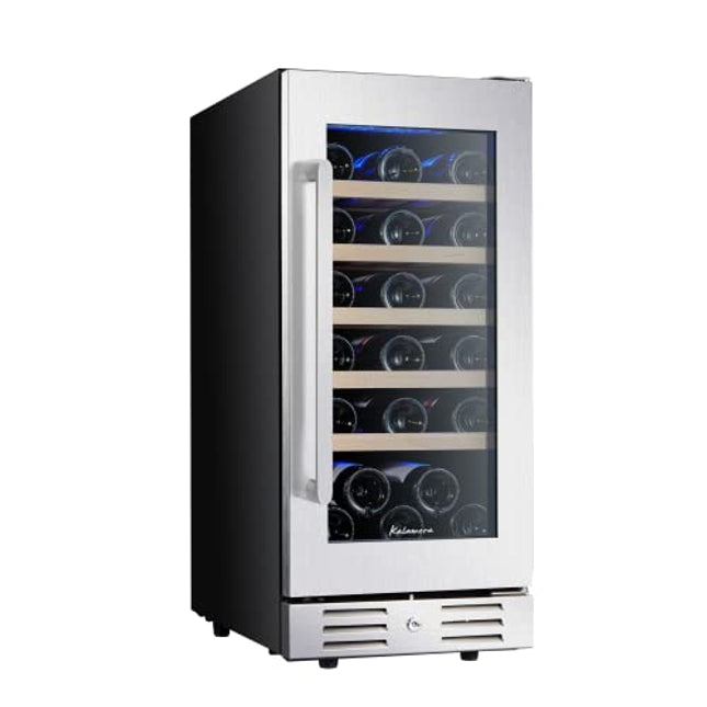 Kalamera 15" Wine Cooler Refrigerator, Mini Fridge, 30 Bottle Built-in/Freestanding Wine Fridge, Seamless Stainless Steel & Double-Layer Tempered Glass Door, Temperature Memory Function for Wine