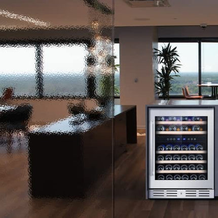 Kalamera 24'' Wine Cooler Refrigerator 46 Bottle - Dual Zone Built-in or Freestanding Fridge with Seamless Stainless Steel & Triple-Layer Tempered Reversible Glass Door and Temperature Memory Function