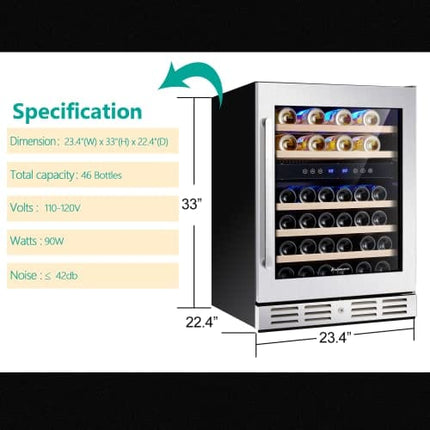 Kalamera 24'' Wine Cooler Refrigerator 46 Bottle - Dual Zone Built-in or Freestanding Fridge with Seamless Stainless Steel & Triple-Layer Tempered Reversible Glass Door and Temperature Memory Function