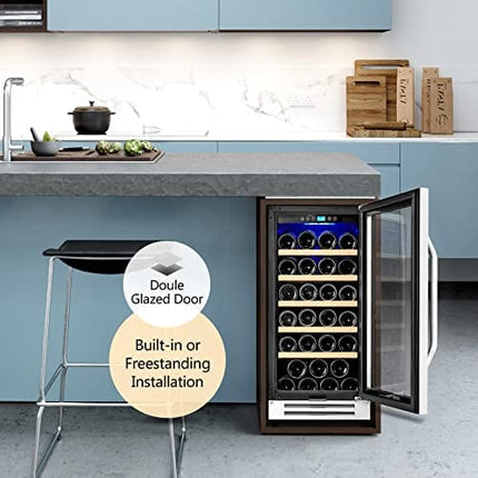 Karcassin 15 Inch Wine Cooler, 32 Bottle Wine Refrigerator with Stainless Steel Tempered Glass Door, Fit Red & White Wine, Built-in or Freestanding