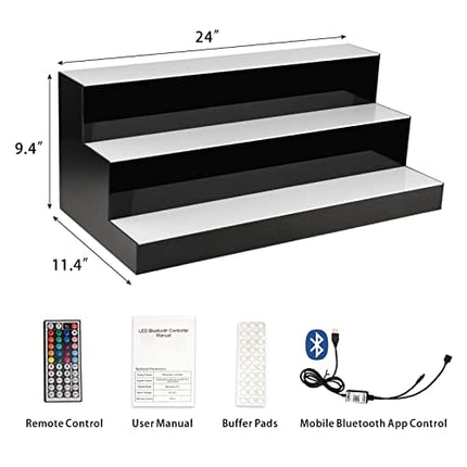 KERTY LED Lighted Liquor Bottle Display Shelf， 24 Inch 3 Step Acrylic Mounted Wine Racks for Commercial Home Bar, Illuminated Bar Bottle Lighting Shelves with Remote and App Control