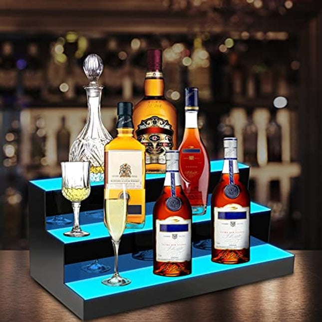 KERTY LED Lighted Liquor Bottle Display Shelf， 24 Inch 3 Step Acrylic Mounted Wine Racks for Commercial Home Bar, Illuminated Bar Bottle Lighting Shelves with Remote and App Control