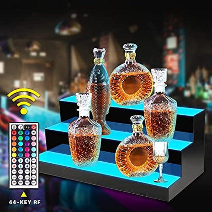 KERTY LED Lighted Liquor Bottle Display Shelf， 24 Inch 3 Step Acrylic Mounted Wine Racks for Commercial Home Bar, Illuminated Bar Bottle Lighting Shelves with Remote and App Control