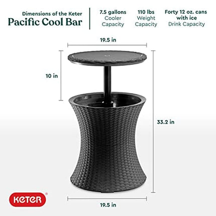 Keter Pacific Cool Bar Outdoor Patio Furniture and Hot Tub Side Table with 7.5 Gallon Beer and Wine Cooler, Grey