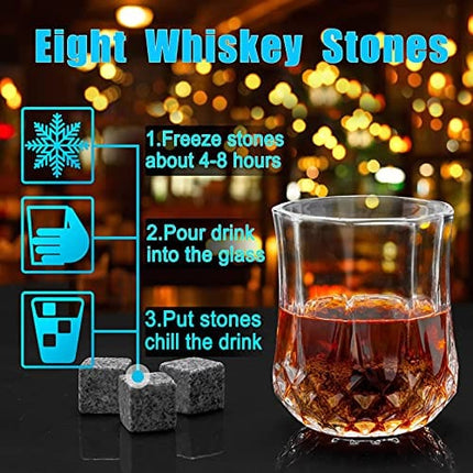 Kireace Whiskey Glasses Set of 2, Bourbon Whiskey Gifts for Men - Includes 8 Chilling Whiskey Stones, Wooden Box and Slate Coasters, Gift for Guy Men Boyfriend Dad Anniversary or Retirement