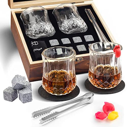 Kireace Whiskey Glasses Set of 2, Bourbon Whiskey Gifts for Men - Includes 8 Chilling Whiskey Stones, Wooden Box and Slate Coasters, Gift for Guy Men Boyfriend Dad Anniversary or Retirement