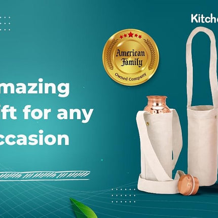 Authentic Ayurvedic Copper Water Bottle Pack of 2 for Drinking Water | Large 34OZ Copper Vessel | 2 Canvas Bottle Carrying Bags