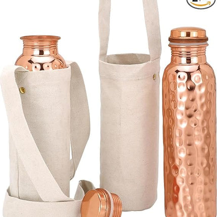 Authentic Ayurvedic Copper Water Bottle Pack of 2 for Drinking Water | Large 34OZ Copper Vessel | 2 Canvas Bottle Carrying Bags