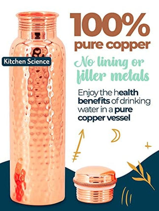 Kitchen Science Copper Water Bottle (32oz/950ml) w/a Carrying Canvas Bag | 100% Pure Copper Bottle for Drinking Water | Lab-Tested, Heavy Duty & Leak-Proof | Authentic Ayurvedic Copper Water Bottle