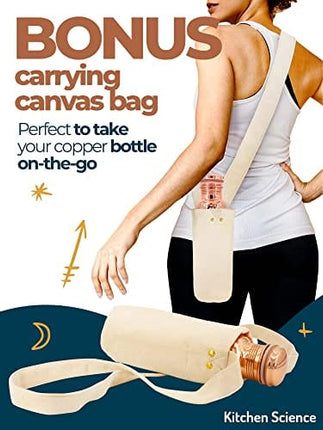 Kitchen Science Copper Water Bottle (32oz/950ml) w/a Carrying Canvas Bag | 100% Pure Copper Bottle for Drinking Water | Lab-Tested, Heavy Duty & Leak-Proof | Authentic Ayurvedic Copper Water Bottle