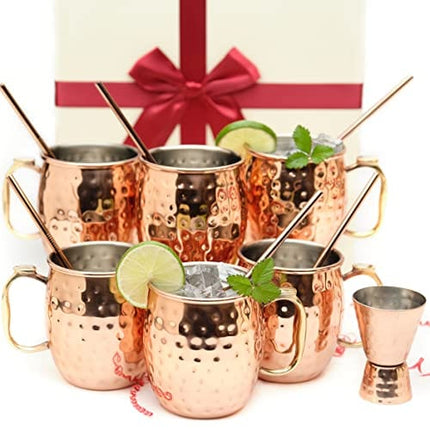 Kitchen Science [Gift Set] Moscow Mule Mugs, Stainless Steel Lined Copper Moscow Mule Cups Set of 6 (18oz) w/Straws, Jigger, Spoon & Brush | Tarnish-Resistant Stainless Steel Interior