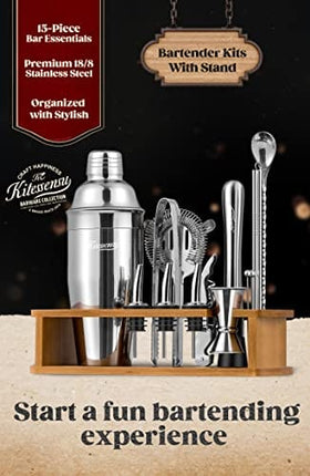 KITESSENSU Cocktail Shaker Set Bartender Kit with Stand | Bar Set Drink Mixer Set with All Essential Bar Accessory Tools: Martini Shaker, Jigger, Strainer, Mixer Spoon, Muddler, Liquor Pourers |Silver